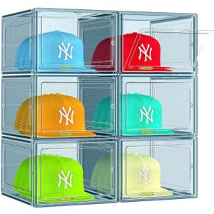 6 Pack Hat Organizer Box, Stackable Clear Baseball Caps Holder Box Containers with Magnetic Door for Hats Snapback Cap Storag, Hat Rack Display Case, Holds 8 Hats Each (Blue)
