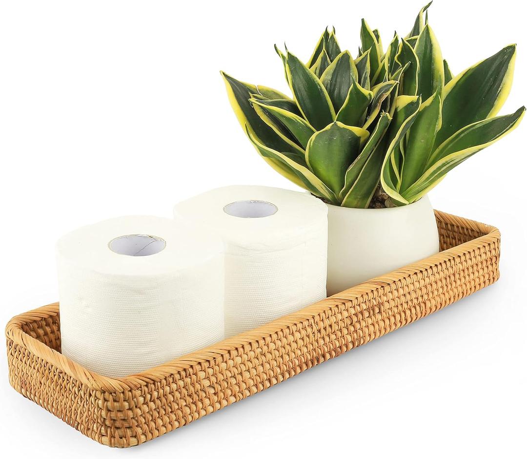 Rattan Toilet Tank Basket Woven Guest Towel Holder Decorative Wicker Tray 17" x 6" x 2" for Serving Bread or Shelves Bathroom Counter Organizers and Storage (17 x 6 x 2 inches, Honey Brown)