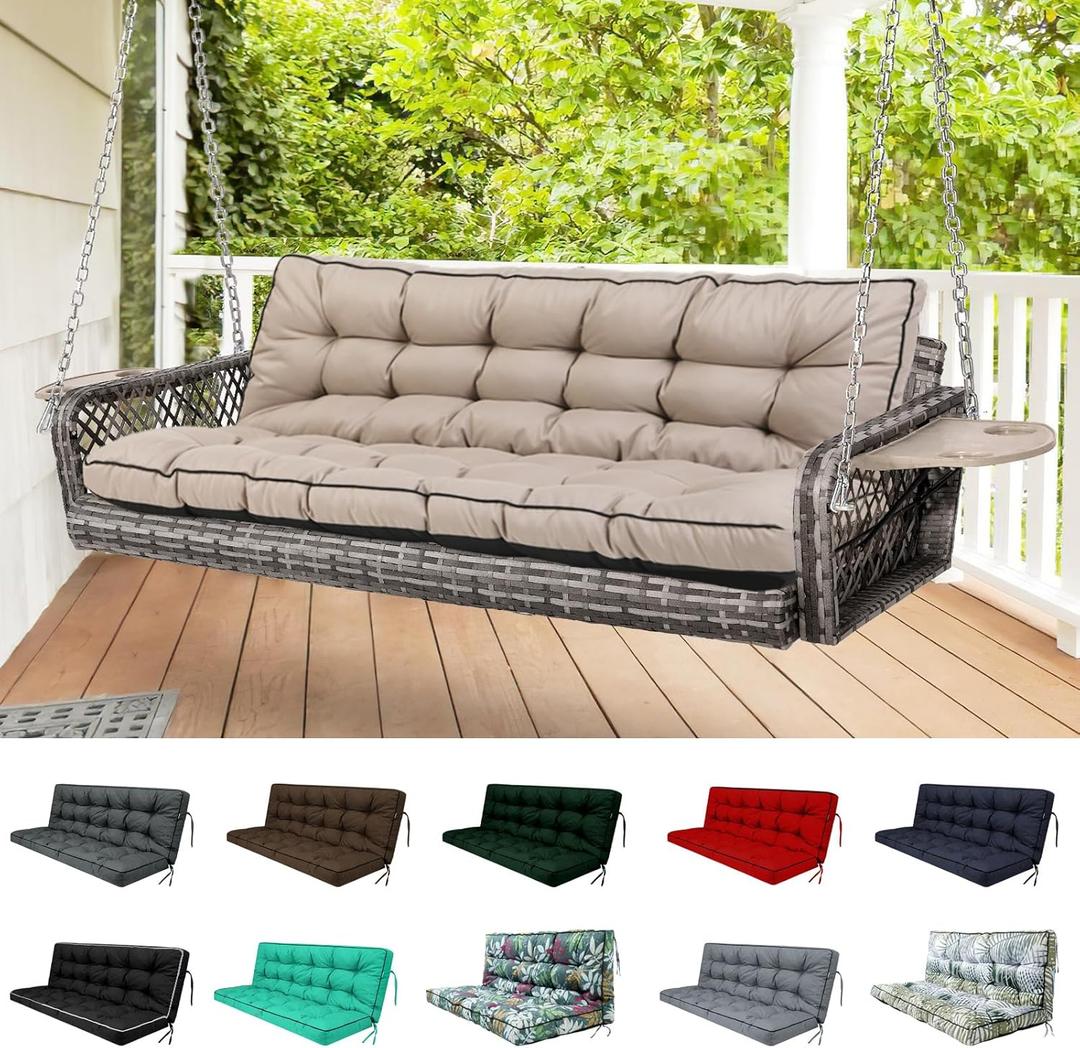 Outdoor Swing Cushions, Waterproof Porch Swing Cushions 3 Seater Replacement with Backrest, 4" Thicken Bench Cushion with Ties for Backyard, Patio, Lawn and Garden (Khaki, 70 inch)
