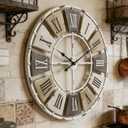 Distressed Metal Wall Clock 24 Inch, Industrial Vintage Roman Numerals, Weathered Iron Frame Farmhouse Office Cafe Decor
