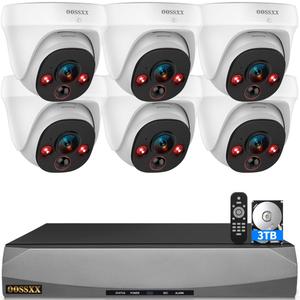 OOSSXX (2026 New) 4K PoE Security Camera System, 8CH NVR w/ 3TB HDD, 6pcs Wired Dome Cameras, 130 Wide Angle, PIR Motion Detection, 2-Way Audio, Remote Control, No Monthly Fee App