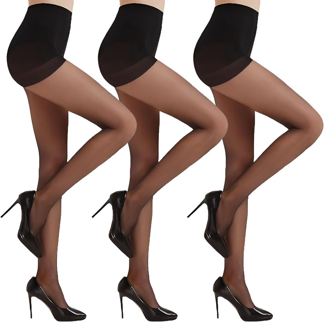 20D Sheer Control Top Pantyhose 3 Pack, High-Stretch, Shaping, Rip-Resistant, Lightweight, Black Tights for Women (Black, L)