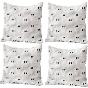4 Pcs Halloween Throw Pillow Covers 18x18, Soft Faux Fur Pillow Cases Decorations, Fluffy Plush Accent Couch Cushion Case for Halloween Chair Sofa Bedroom Living Room Home Decor(Ghost A)