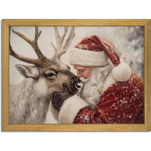 Vintage Christmas Wall Art, Santa Claus Reindeer Canvas Wall Decor Painting, Rustic Winter Painting Artwork Poster Print Picture for Living Room Bedroom Home 12x16 Inch Wood Framed