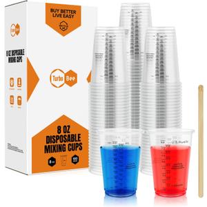 Turbo Bee Plastic Measuring Cups 8OZ,100 PACK Disposable Mixing Cups with 100 Mixing Sticks,Paint Graduated Measuring Tumblers for Epoxy Resin, Paint Mixing, Art DIY