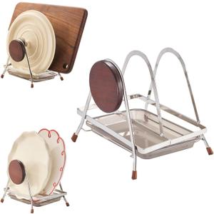 6.5mm Stainless Steel Pot Lid Holder while Cooking, Multifunctional Cutting Board Pan Lid Organizer for Countertop with Beech Wood Accents, Heavy Duty Rack with Nonslip Pads & Removable Drip Tray