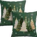 Green Christmas Outdoor Pillow Covers 18x18 Set of 2 White Gold Xmas Tree Snowflakes Pillow Case Rustic Farmhouse Winter Holiday Decorative Pillowcases for Home Sofa Couch