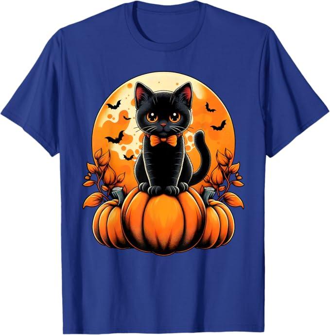 Retro Black Cat Pumpkin Halloween Costume Fall Autumn Season T-Shirt (M, Royal Blue)