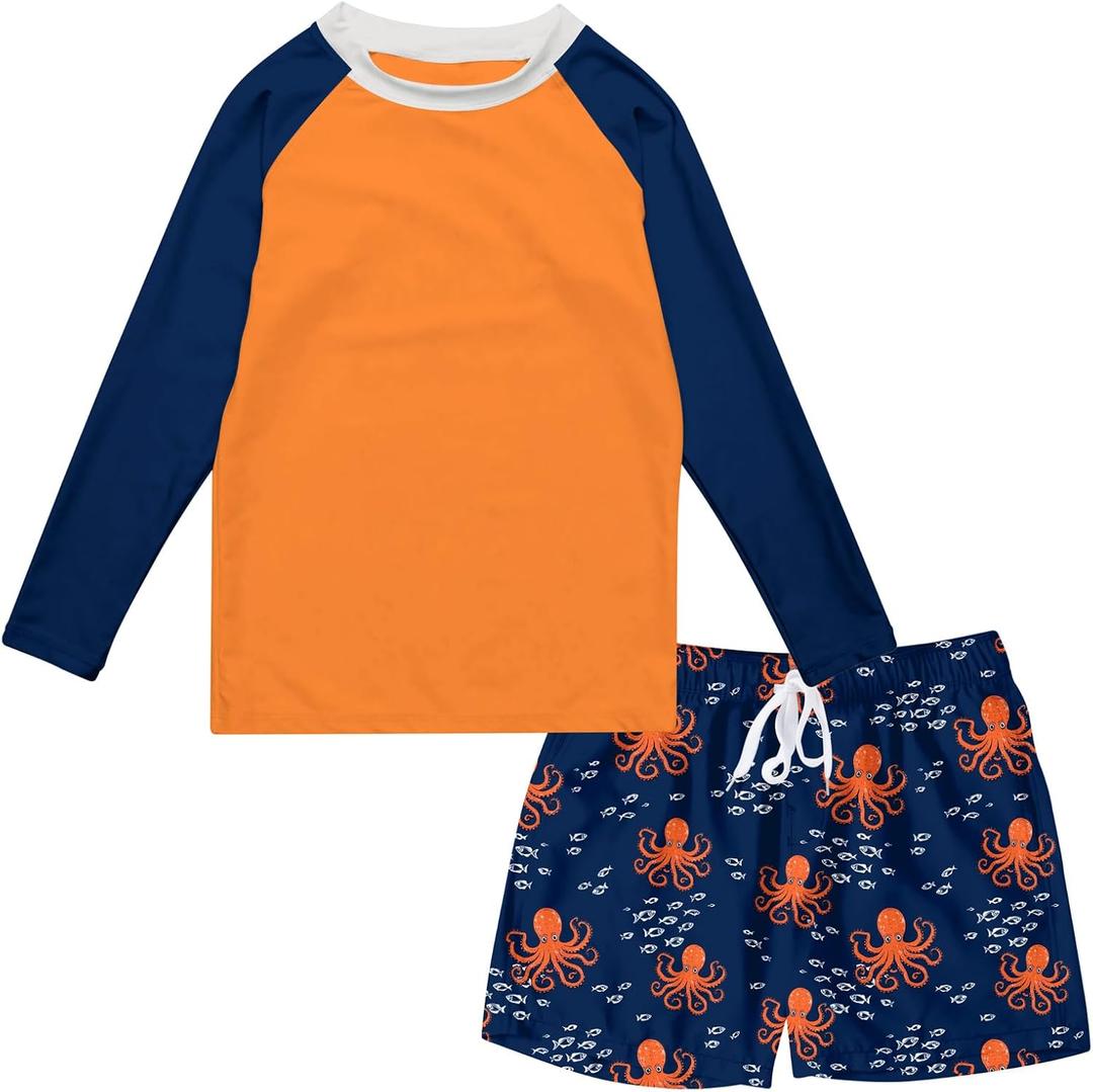 Boys Long Sleeve Rash Guard Swimsuit Kids 2-Pieces Bathing Suits Set (10-12 Years, Orange Blue)
