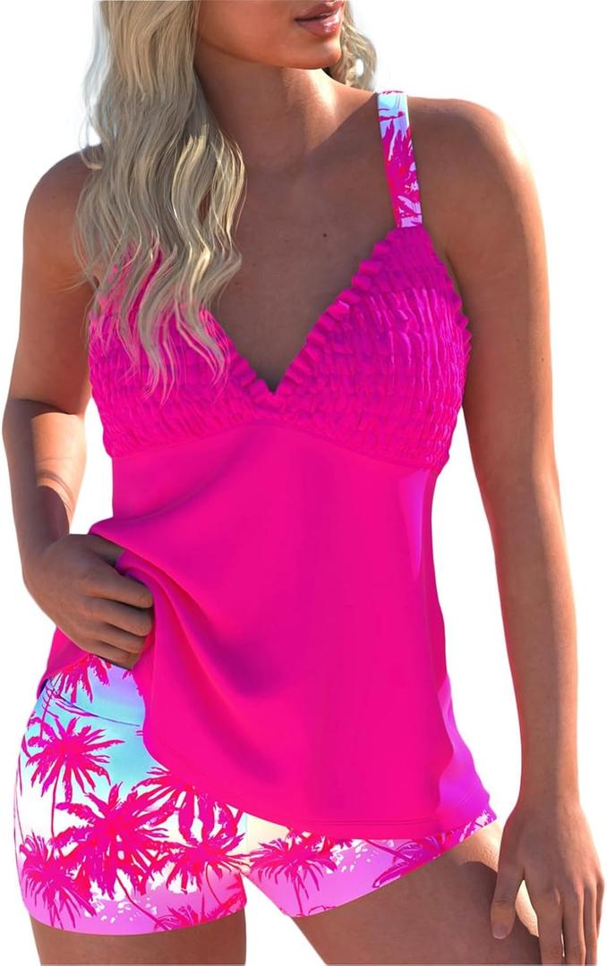 ROSEWE Womens Tankini Bathing Suits, Two-Piece Smocked Swim Dress, Print Swimsuits with Board Shorts (XX-Large, Hot Pink)