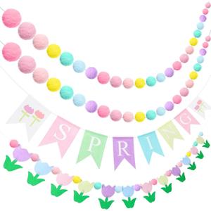 Frienda 4 Pcs Spring Garland Decorations Felt Pompom Ball Garlands Hello Spring Tulip Flower Banner for Holiday Birthday Party Carnival Decoration Photo Prop Nursery Easter Farmhouse Decor