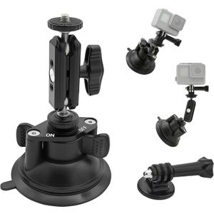 Double Layer Suction Cup Mount with Double Ball Head Magic Arm, 1/4" Screw 360 Rotating Camera Mount Compatible with GoPro Hero, Insta360 X3, DJI Osmo, Action Camera, Phones for Car Windshield