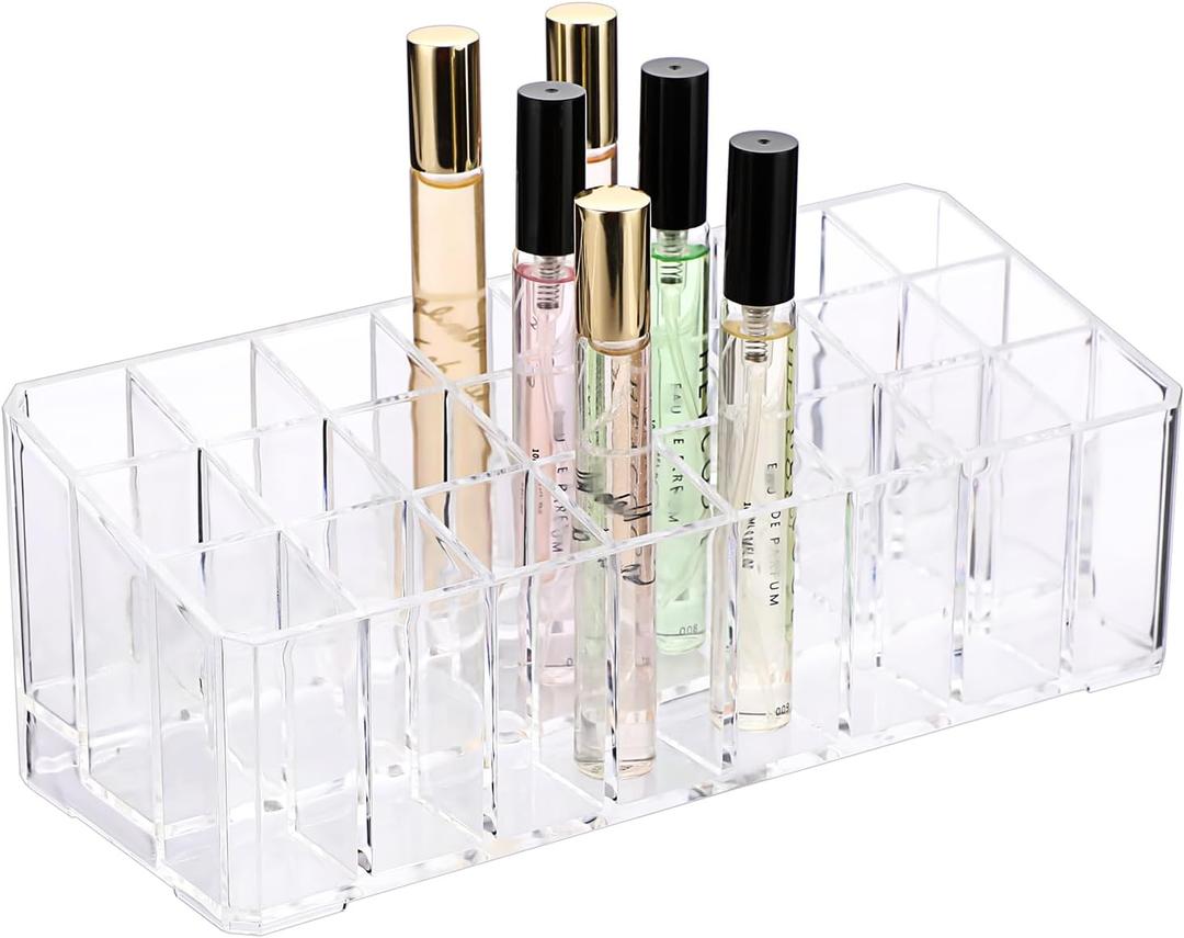 ELLDOO Rollerball Perfume Organizer, 24 Spaces Clear Acrylic Perfume Storage Holder Beauty Scent Holder, Makeup Lipgloss Lipstick Display Case
