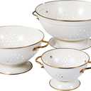 Metal Colander Set of 3, Strainer Basket with Handles perfect for Spaghetti, Pasta, Berry, Vegetable, Fruit, Solid Base Powder Coated Kitchen Essential Strainer Set, 1 & 3.5 & 5 Qt (Cream)