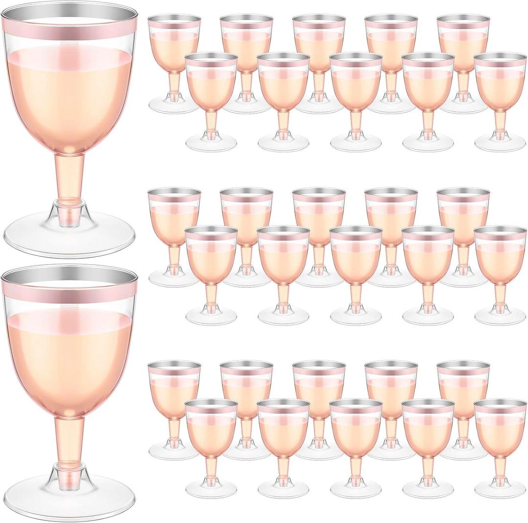Thenshop 50 Pack 5 oz Plastic Champagne Flutes Clear Disposable Wine Glasses Cups with Stem Reusable Goblets Shatterproof Cocktail Cups for Mother's Day Wedding Party Holiday Dessert(Rose Gold Rim), About 2.64 Inches/ 67 Mm