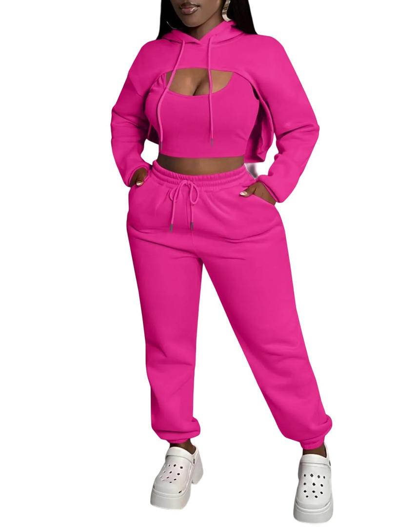 Aceilika Women 3 Piece Sweatsuit Set Sexy Long Sleeve Pullover Cropped Hoodie Tank Top and Jogger Sweatpants Tracksuit Rose Red XXL