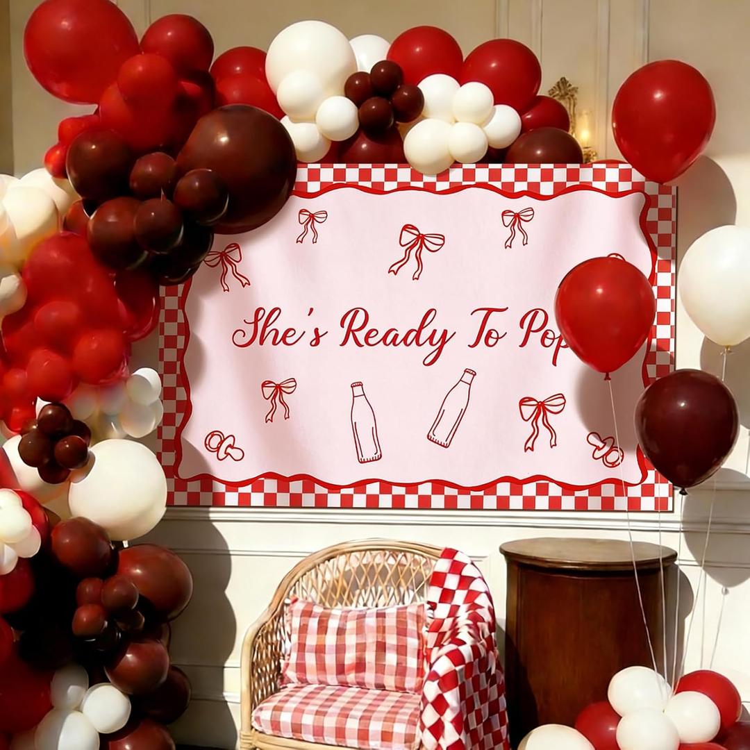 Batiyeer 181 Pcs She's Ready to Pop Baby Shower Decorations She's Ready to Pop Backdrop Red and White Balloons Arch Kit for Baby Shower Birthday Party Supplies