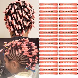 40 Pieces Hair Perm Rods For Long Short Hair Plastic Pink Perm Rods For Black Women Non-slip Hair Roller with Elastic Rubber Hairdressing Styling