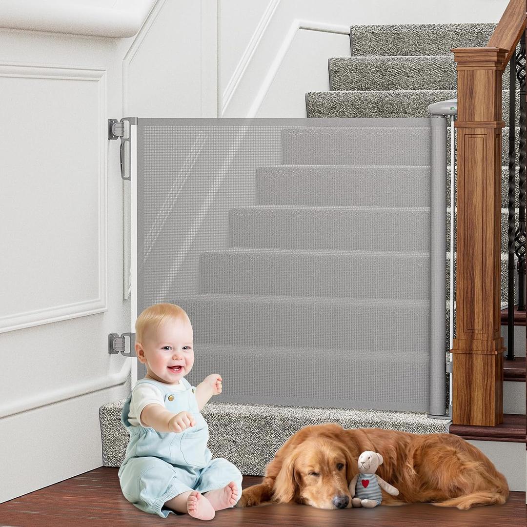 Retractable Baby Gates Extra Wide, PRObebi Retractable Dog Gate for The House Extends to 54" Wide 34" Tall, Gates for Baby Indoor, Stair Gate for Outdoor, Staris, Hallways, Doorways, Deck, Porch (34" Tall x 54" Wide, C-grey)
