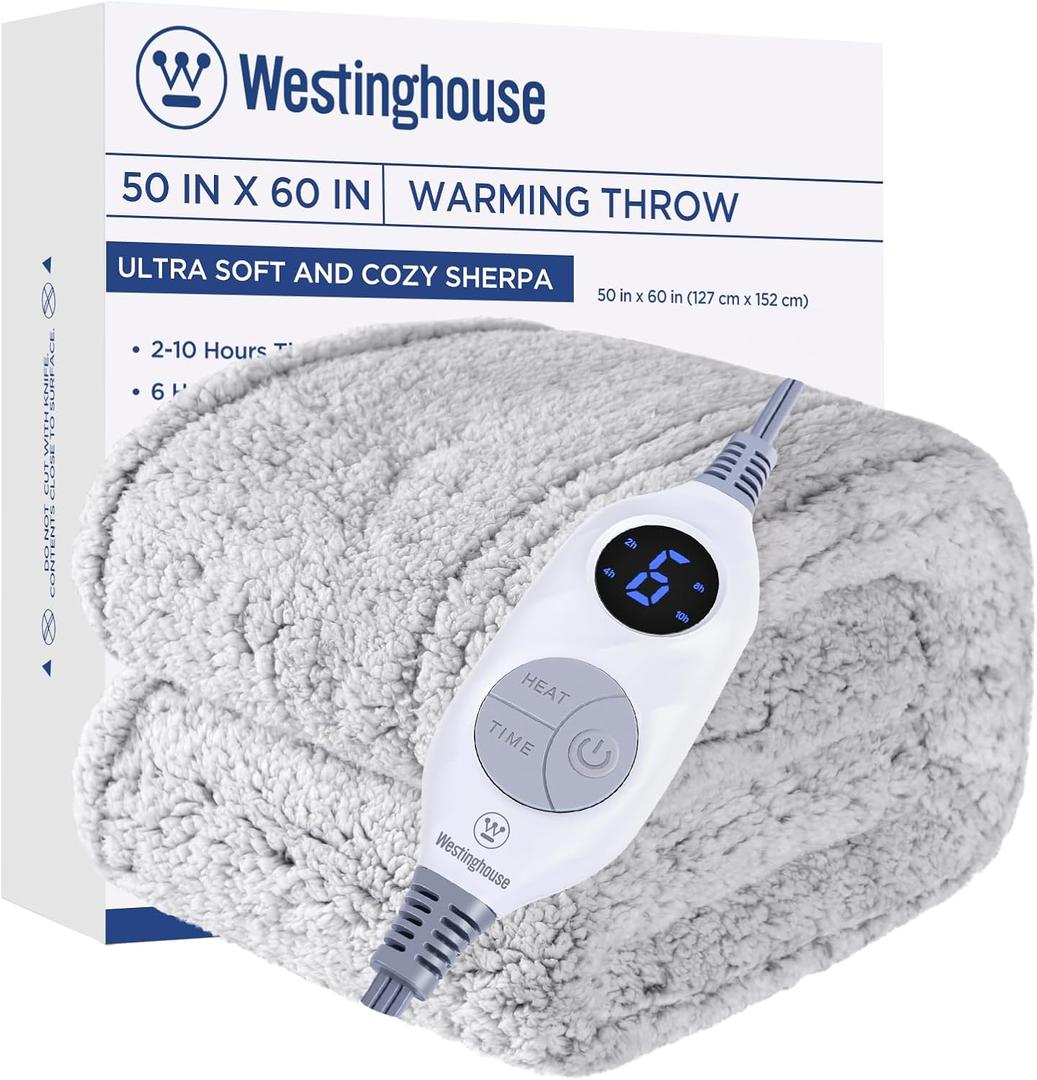 Westinghouse Electric Blanket Throw Size, Soft Plush Sherpa Heated Blanket with 6 Heating Levels & 2-10 Hours Auto-Off, Machine Washable, 50x60 inches, Grey