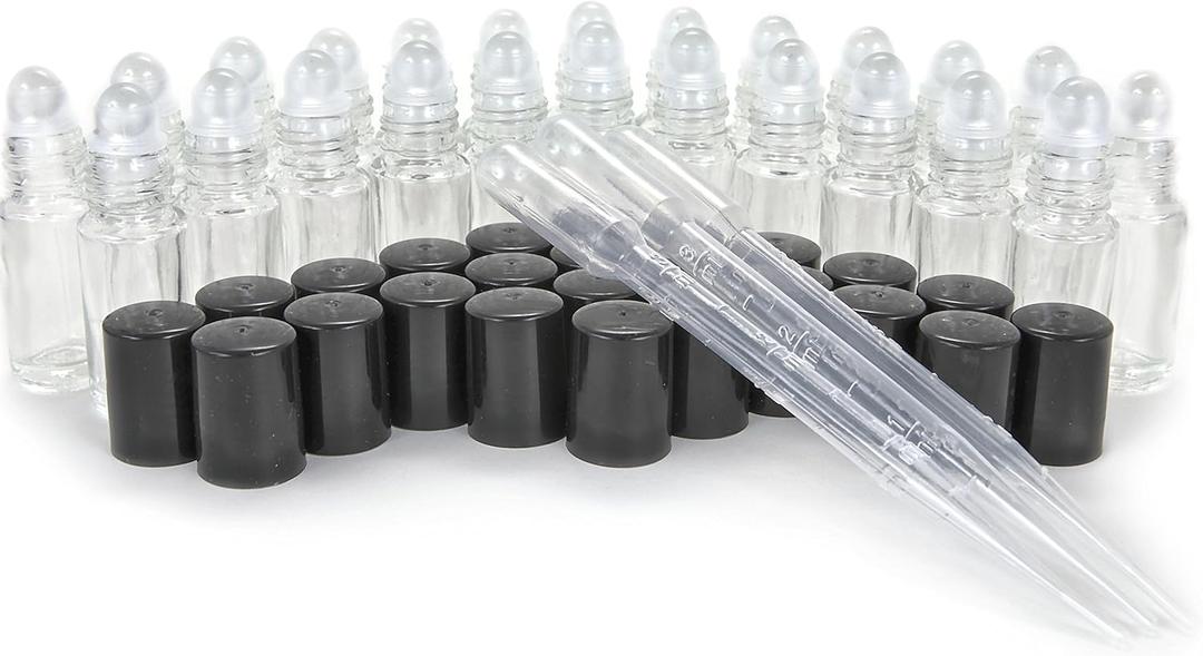 24, Clear, Mini (Approx. 4 ml, 1/8 fl. oz) Glass Roll on Bottles, with 3-3 ml Droppers