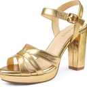 COLETER Women's Platform Chunky Heels Ankle Strap Block Heeled Sandals Party Wedding Shoes (7, Gold)