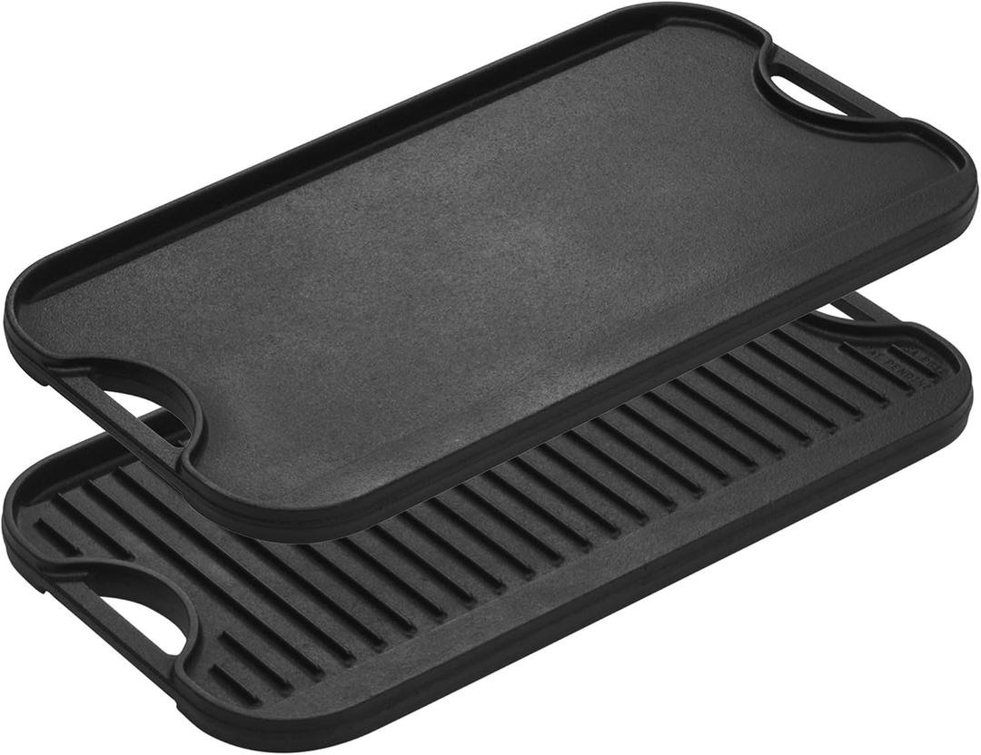 Lodge Pro-Grid Reversible Grill/Griddle - Dual-Sided Cast Iron Griddle - Double Burner Grill - Even Heat Distribution - PFAS-Free Non-Toxic Cookware - 20 Inches x 10.5 Inches