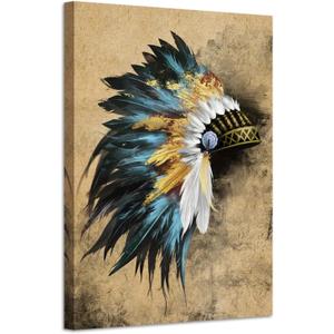 LevvArts Indian Canvas Wall Art Native American Chiefs Headdress Feathered Painting Canvas Print Vintage Home Living Room Gold and Blue Wall Decor Gallery Wrap Ready to Hang 24x36inches