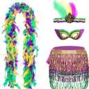 4 Pieces Mardi Gras Costume Accessory Set Sequin Mask Sequins Tassel Wrap Skirt Belly Dance Skirt Faux Feather Headband Feather Boa Mardi Gras Outfits for Women Girls Disco Carnival Party Yellow (Yellow)