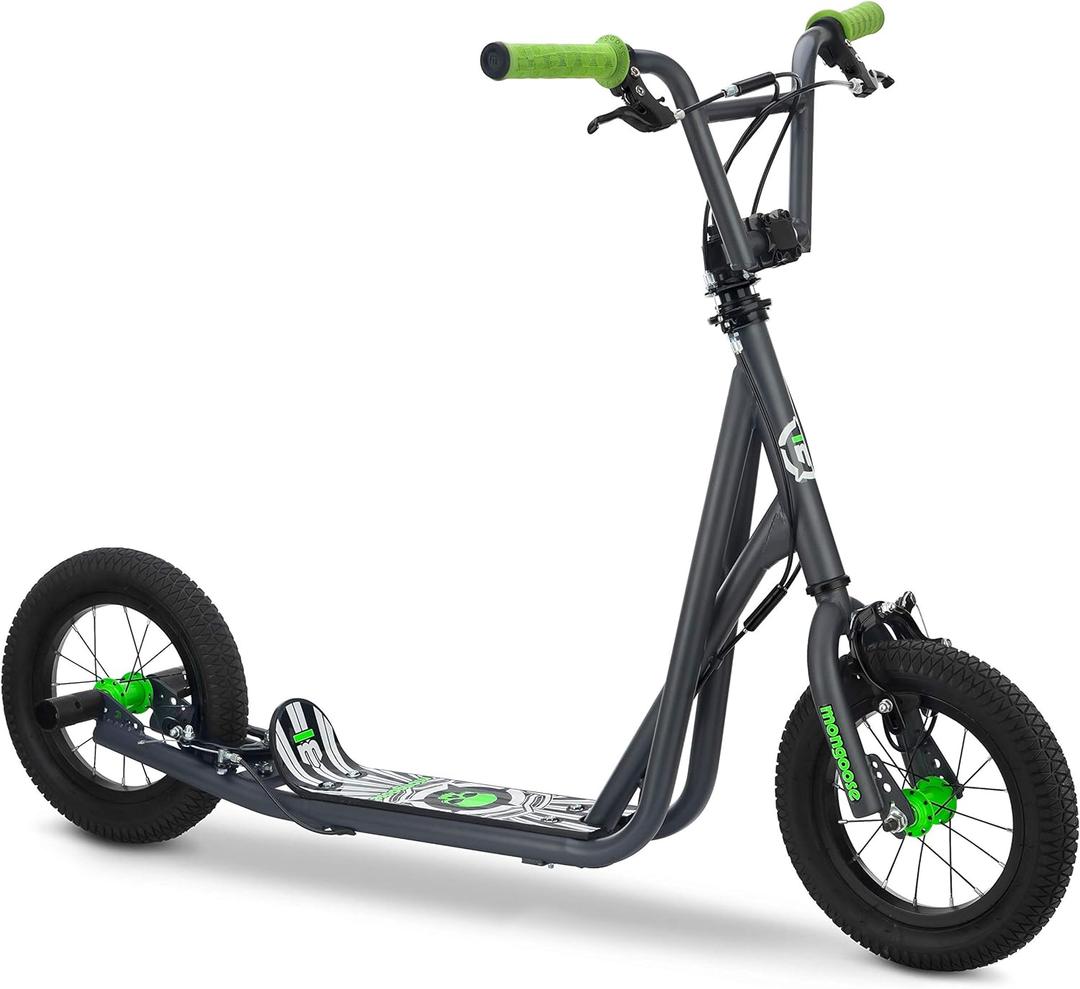 Mongoose Expo Kick Scooter, BMX-Style Handlebar & Brake Cable Rotor, Wide Foot Deck for Kids Youth Boys Girls Ages 6 and Up, Rear Axle Pegs, 12-Inch Air Tires, and Max. Weight of 175 lbs. (Green/Grey)