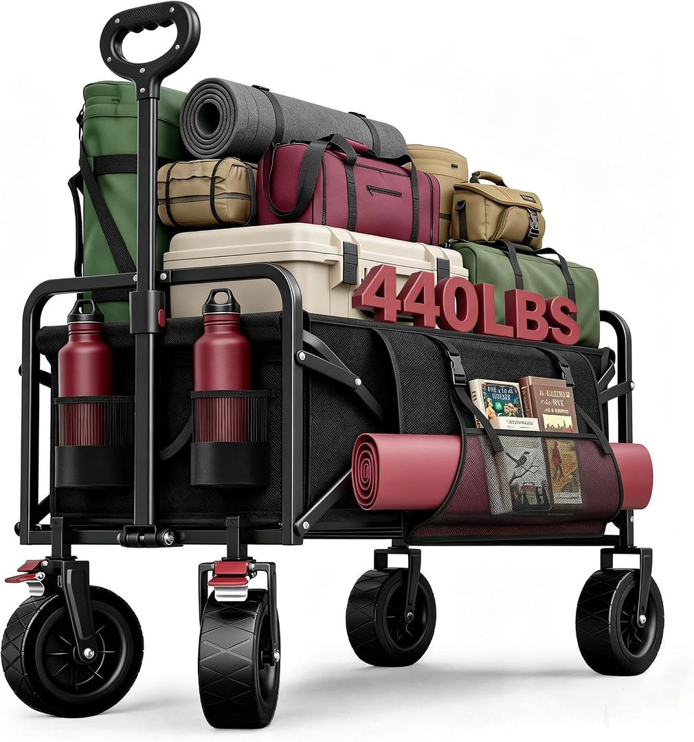 200L Collapsible Wagon Carts Foldable, Heavy Duty Beach Wagon with 7.48" All-Terrain Wheels, Portable Folding Utility Carts with Side Pocket for Beach, Camping, Groceries, Garden & Sports