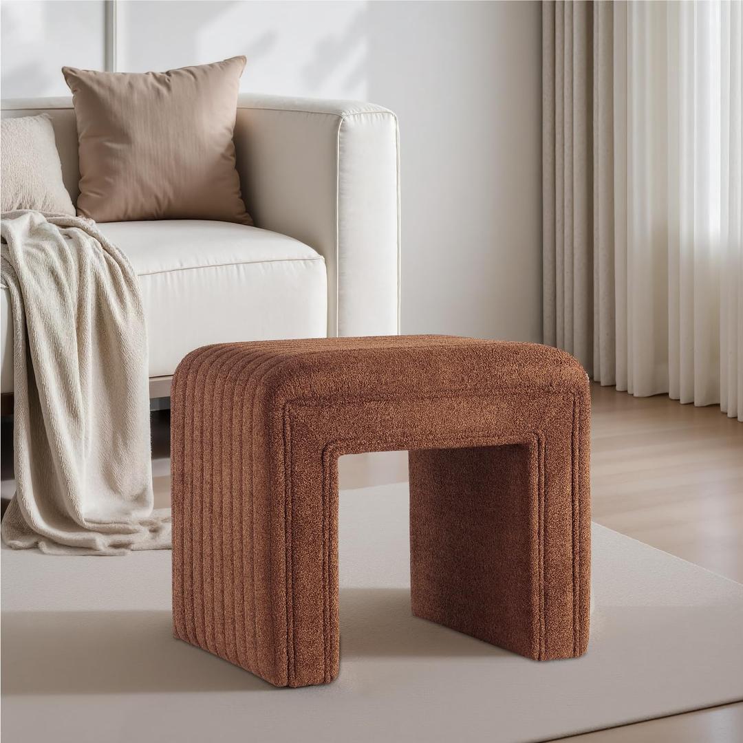 Get Set Style Vanity Stool Chair, Fully Assembled Modern Wool Ottoman Footstool with Wooden Legs, Multifunctional Upholstered Sofa Bench Extra Seat for Makeup Room Living Room Entryway Office, 20"D x 17"W x 17.8"H