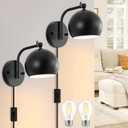 Plug in Wall Sconces Set of 2, Adjustable Angle Black Wall Lights with Plug in Cord & On/Off Switch, Bedside Wall Mounted Lamp with Globe Shade for Bedroom Living Room Bathroom(2 Bulbs Included)