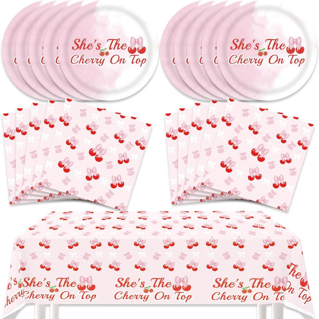 41pcs Cherry Party Supplies,Birthday Party set Include dessert plate,Napkin and Tablecloth,Used for Summer Fruit Cherries Birthday Party Decoration (Multicolor 15)