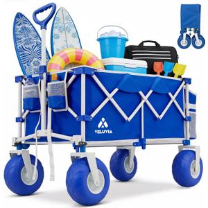 Beach Wagon with Big Wheels - 400LBS Heavy Duty Foldable All Terrain Cart with 9" Balloon Wheels for Sand - Collapsible Beach Dolly with Adjustable Handle & Cooler Bag for Outdoor Use, Blue