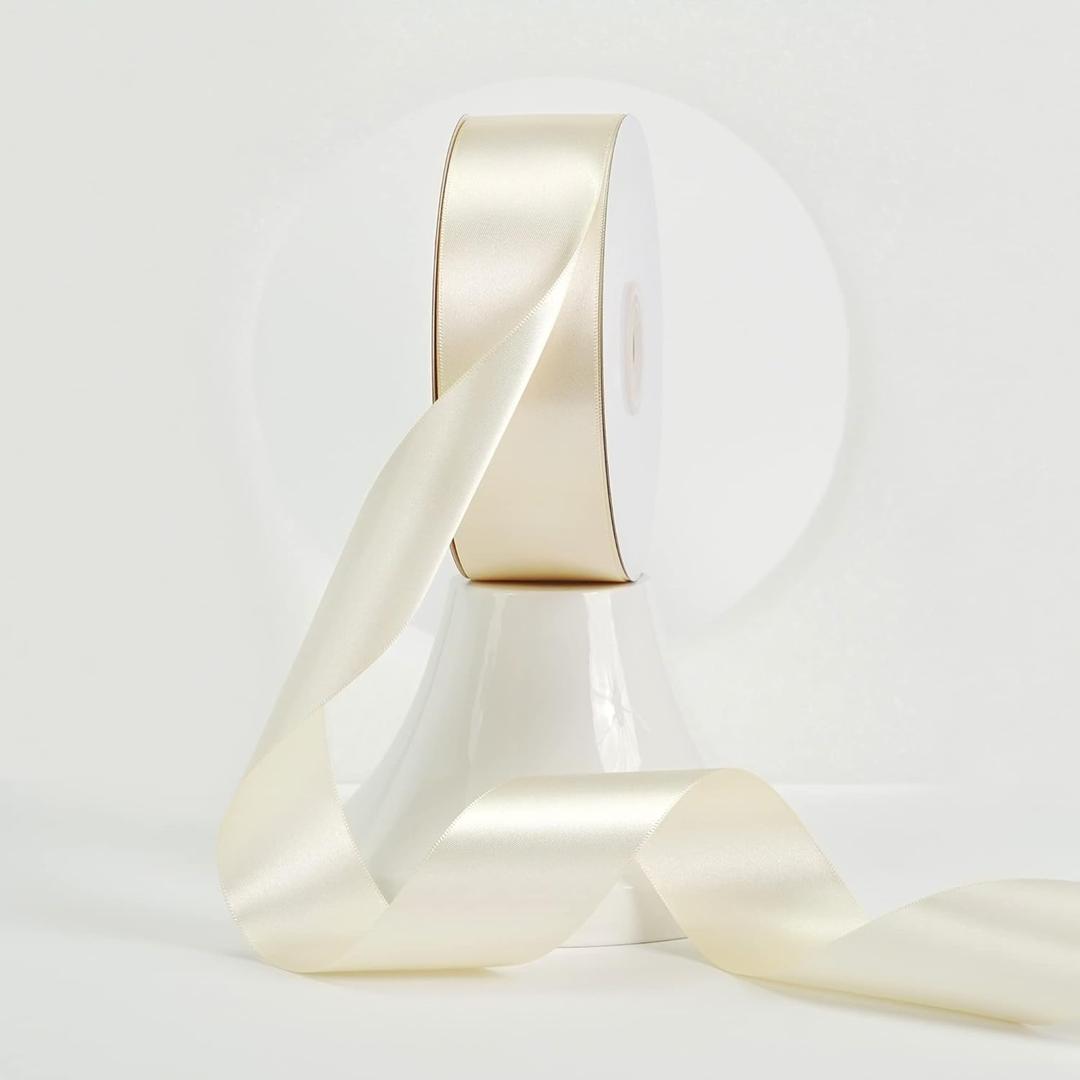 MEEDEE Ivory Satin Ribbon 1-1/2 Inch Ivory Ribbon Lux Double Faced Satin Ribbons by 50 Yards Beige Polyester Satin Ribbons for Crafts, Weddings, Flower Bouquet, Holiday Decorating