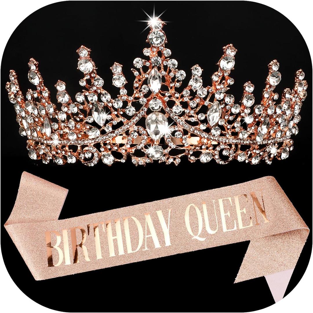 COCIDE "BIRTHDAY QUEEN Birthday Sash for Women Birthday Tiaras for Girls Birthday Decorations Set Rhinestone Headband Hair Accessories Glitter Crown for Party Supplies (Rose Gold)