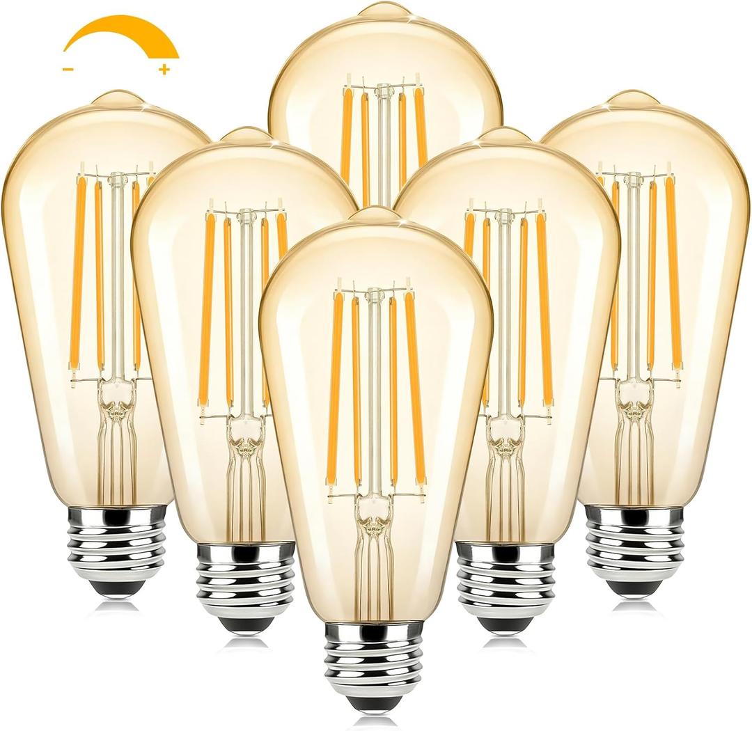 Brightever Dimmable Amber Light Bulbs 60 Watt Equivalent, 2200K Warm Light Vintage LED Edison Bulbs, 850LM, 90+CRI, 7W ST58 E26 LED Bulb, Clear Glass Antique Decorative Lights Bulb for Room, 6-Pack