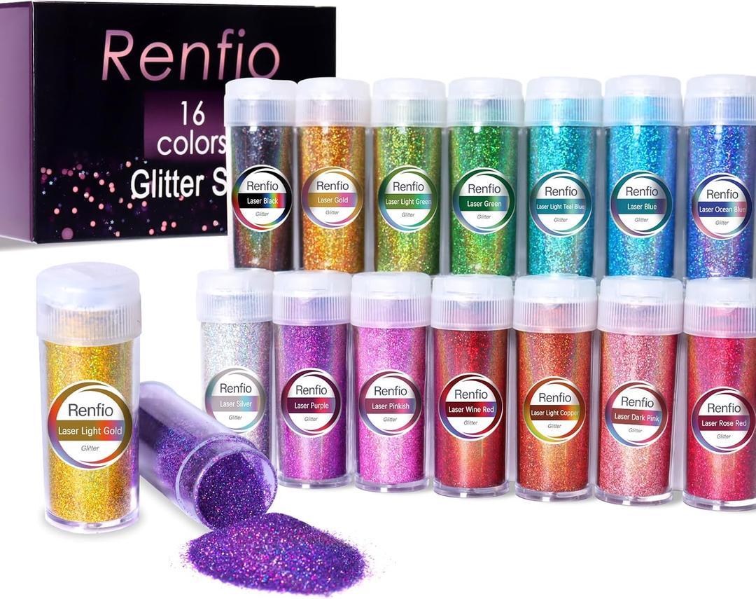 Renfio Holographic Glitter, 16 Colors Resin Glitter Set Each 15g/0.53oz Extra Fine Powder for Crafts PET 1/128" Epoxy Resin Accessories for Tumblers Slime Candle Making Nails Bomb Festival Decoration