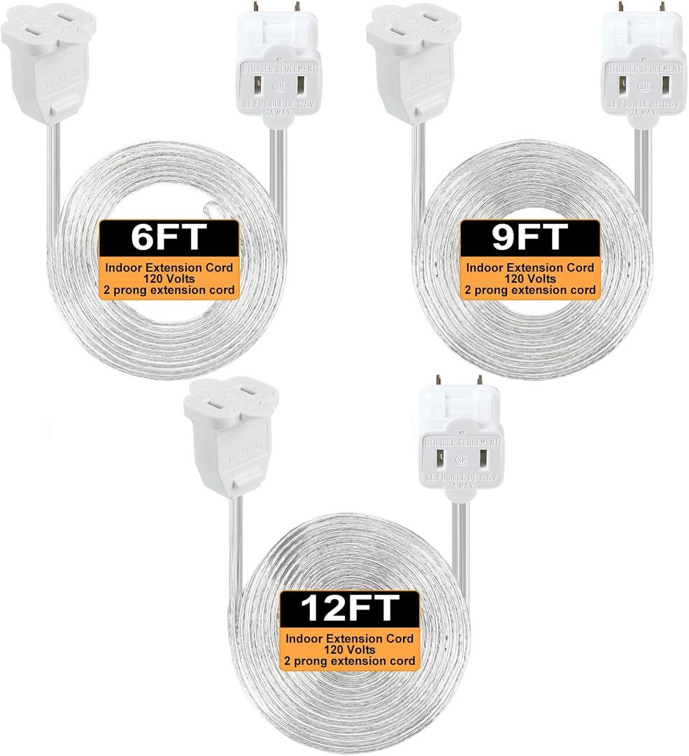 Kanayu 3 Pcs Ul Listed Extension Cord Indoor 6 ft 9 ft 12ft Heavy Duty 2 Prong Extension Cord 120 Volts Outlet Electric Extender Wire for Outdoor Christmas String Lights Connect Extend(Clear)