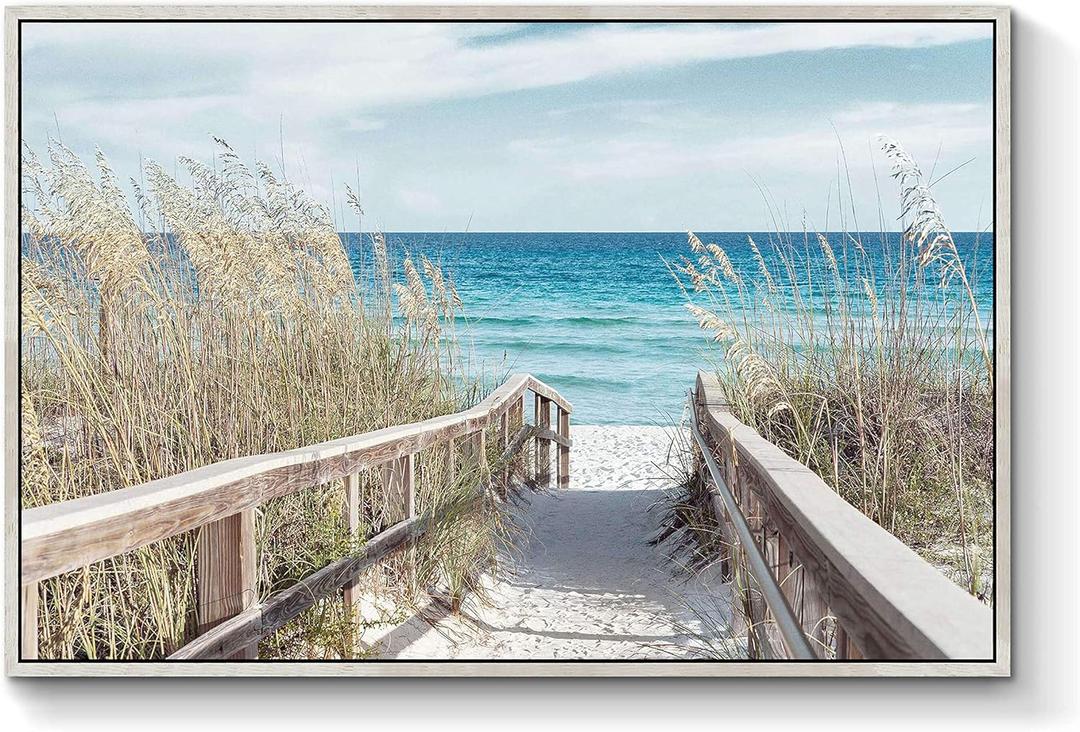 Beach Artwork Seascape Wall Art: Seaside Framed Painting Fence Pathway Picture Print on Wrapped Canvas for Living Room (36''W x 24''H, Multiple Sizes)
