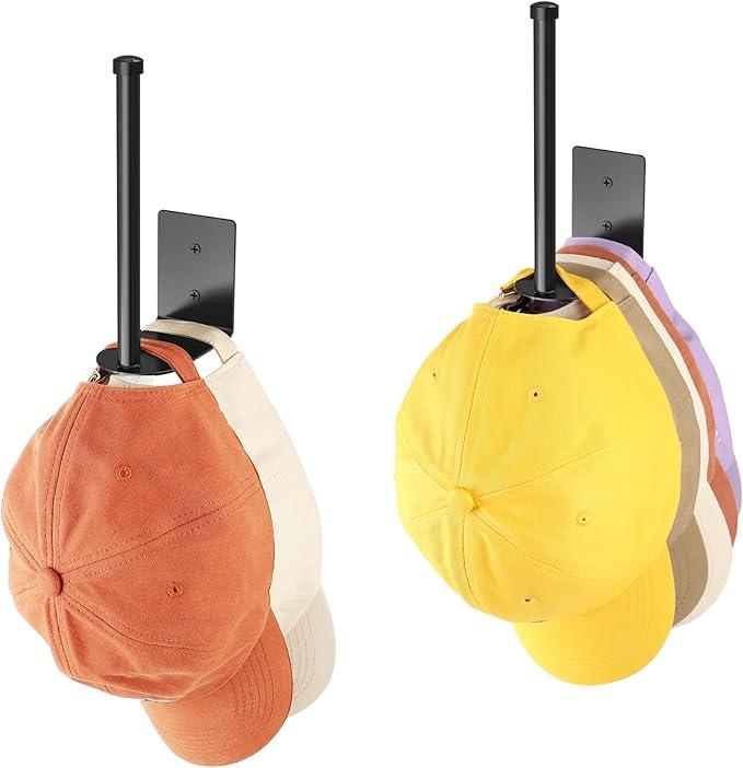 2 Pack Hat Racks for Baseball Caps, Stainless Steel Hat Organizer for Baseball Cap, Hat Holder Storage Organizer, Hat Hanger Strong Adhesive/Wall Drilled for Door, Bedroom, Closet(Black 6 in)