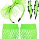Blulu 80s Accessories for Women Lace Headband Neon Earrings Fishnet Gloves for 80s Retro Party Fancy Dress Masquerade (Fluorescent Green)
