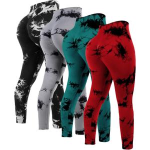 4 Pcs Womens Workout Leggings Tie Dye High Waisted Yoga Pants Seamless Scrunch Butt Lifting Compression Tights (X-Large, Gray, Black, Dark Green, Red)