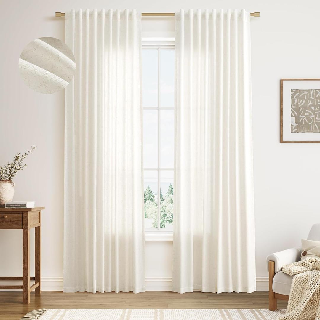 Nanspring Linen Curtains 84 Inches Long for Living Room 2 Panels Set Rod Pocket Back Tab Linen Drapes Semi Sheer Privacy Neutral Modern Farmhouse Window Curtain for Bedroom Natural Cream W52 x L84
