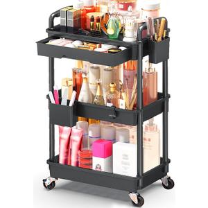 Makeup Cart Organizer with Drawers, Floor Skincare Organizers Vanity Storage Organizer, Rolling Makeup Bathroom Storage Cart Cosmetics Display Cases for Skin Care Perfume Nail Polish, Black (3 Tier)