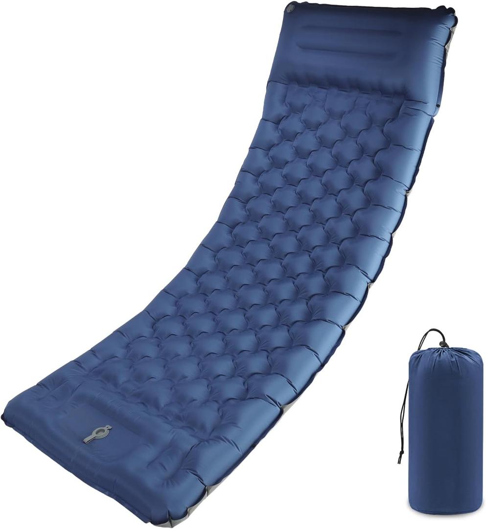 Camping Sleeping Pad with Pillow: Extra Thick 4.7 Inch Ultra-Light Self Inflating Air Mat, Portable Waterproof Inflatable Sleep Mattress with Built-in Foot Pump for Outdoor Traveling (Navy Blue)
