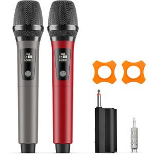 HWWR Wireless Microphones, Professional Dual Karaoke Microphones, Wireless Dynamic Microphone System Set with Rechargeable Receiver for Home Party, Speech, Wedding, Church, PA System (Red)