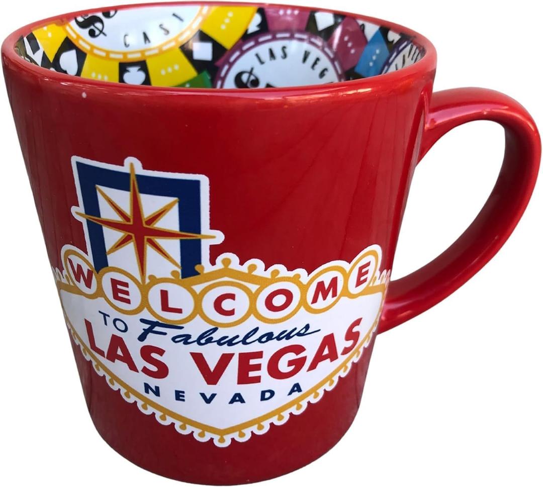 Las Vegas Poker Chip Coffee Mug Red, Souviner - Welcome To Fabulous Las Vegas Sign Cup 16 oz