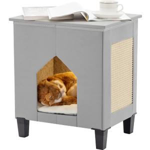 Cat House for Indoor Cats Condo,Cat Furniture with Large Area Scratch PadLeather Cat Bed Side Table & Nightstand for Living Room and Bedroom Decoration,Grey